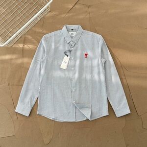 Ami Slim Fit Blue & White Pinstripe Button-Down Shirt with Red Heart